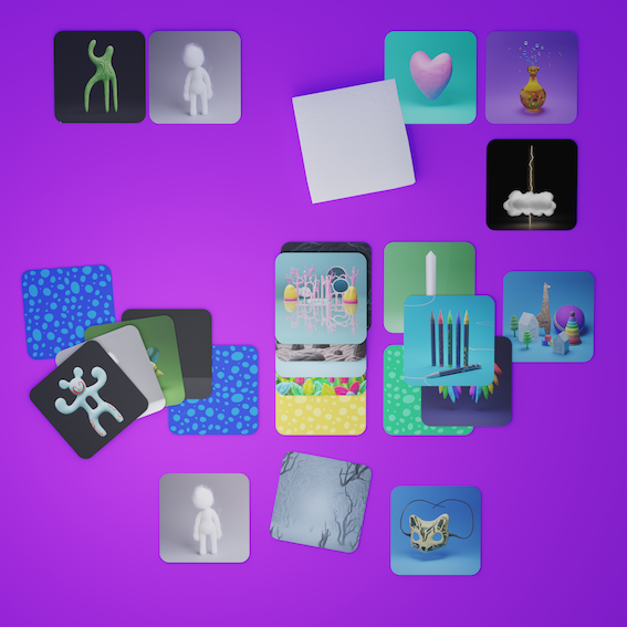 Stylish metaphorical cards with soft, tactile visuals arranged on a blue surface — designed to build emotional intelligence through imaginative combinations.