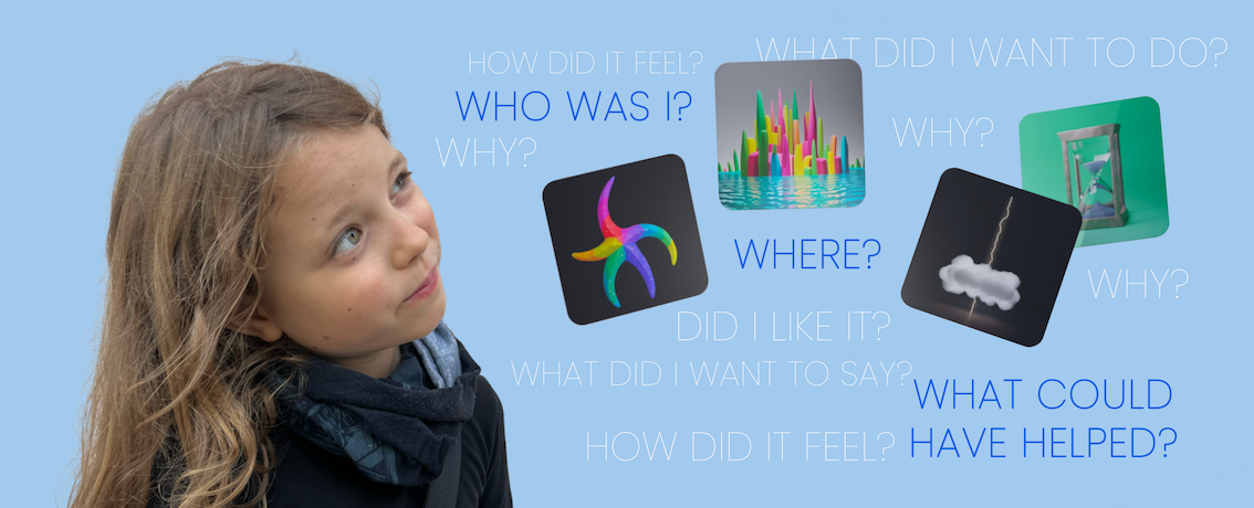 Child reflecting on feelings using visual cards with emotional prompts like ‘Who was I?’ and ‘How did it feel?". Tools for kids to explore emotions through metaphorical cards and storytelling prompts
