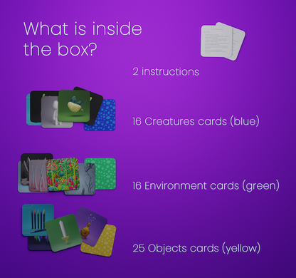What’s inside the emotional intelligence card set for kids? 2 instruction guides, 16 creature cards, 16 environment cards, and 25 object cards designed to spark screen-free storytelling and emotional connection. Perfect for sensitive children or mindful gift-givers.